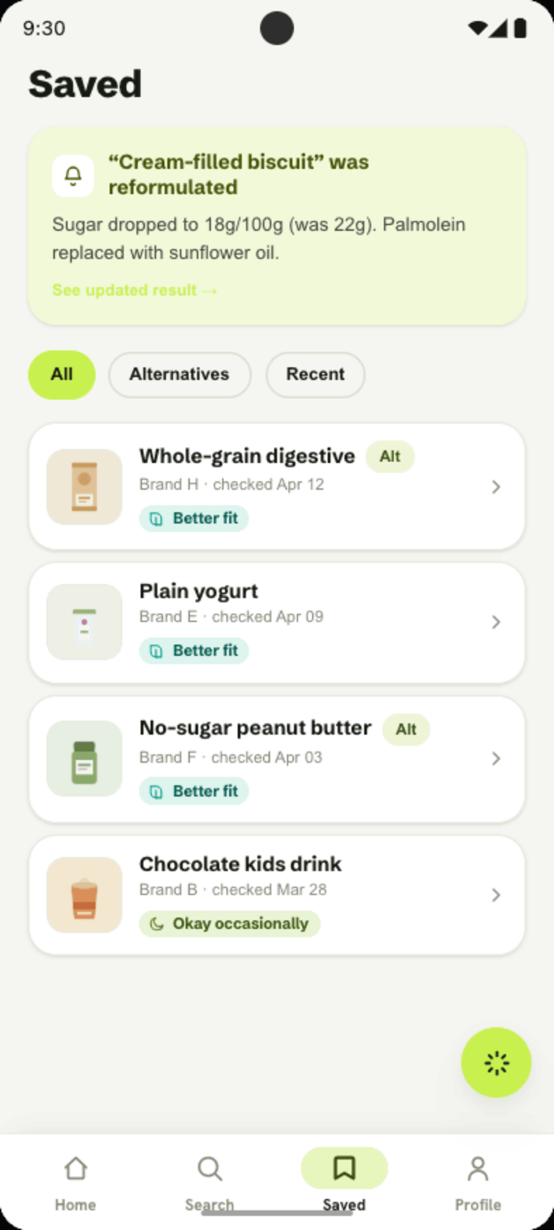 Grayd saved products screen